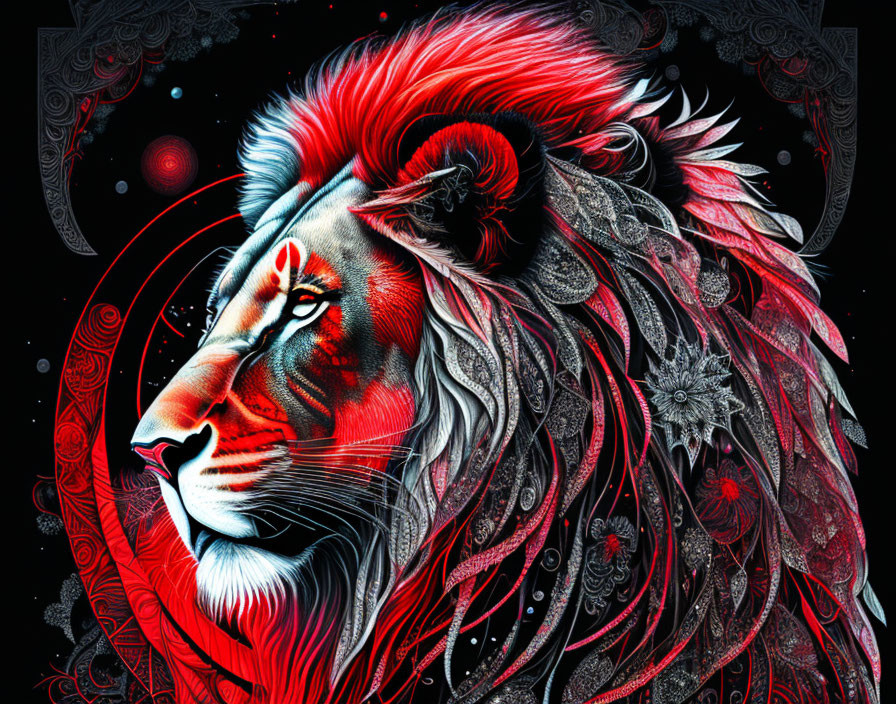 Detailed Lion Illustration with Intricate Mane and Cosmic Background