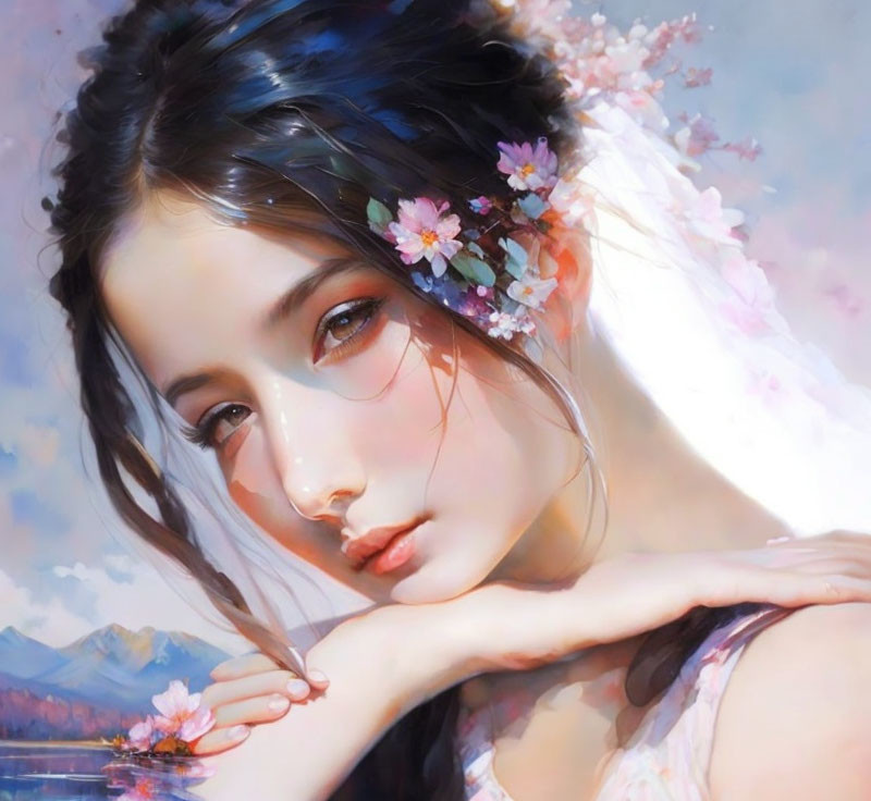 Portrait of young woman with dark hair and flowers, chin resting on hand, set against nature background