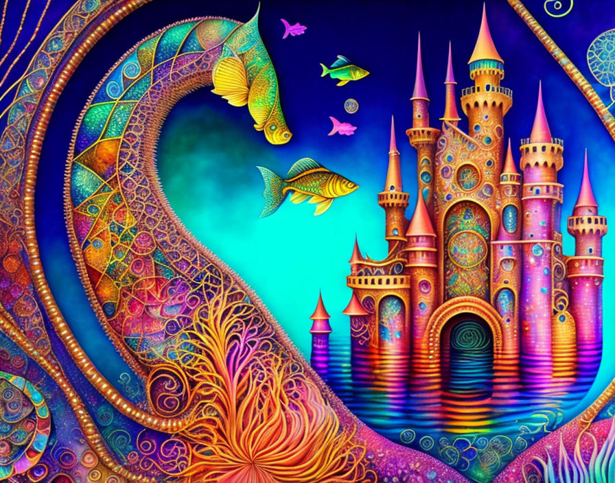 Colorful Underwater Castle Illustration with Sea Dragon and Exotic Fish