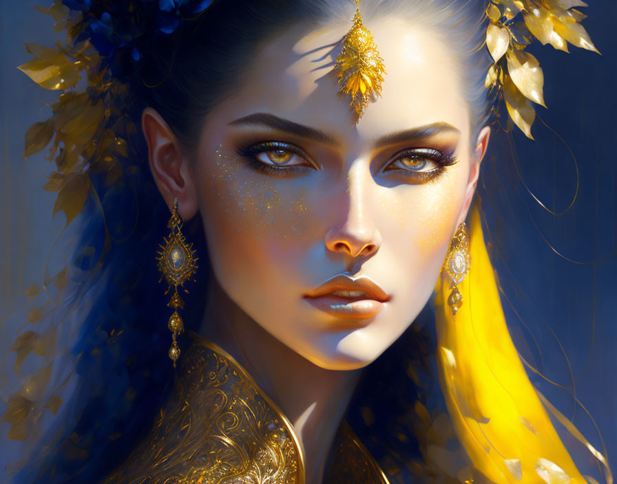 Digital artwork featuring woman with gold jewelry, vibrant yellow accents, intense stare