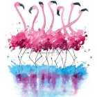 Pink flamingos with reflections in watercolor blues and purples.