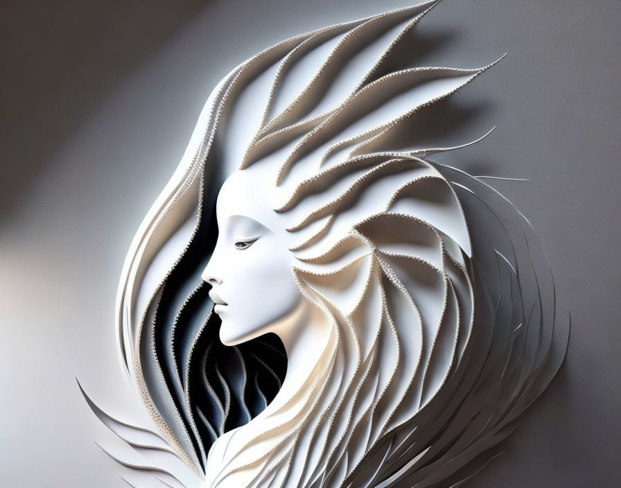 Profile View Paper Sculpture: Woman's Face with Intricate Feather-Like Headdress