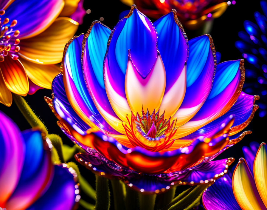 Neon blue and purple lotus flower art on dark background