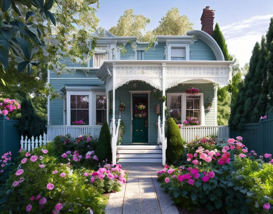 Blue House with White Trim Surrounded by Greenery, Pink Flowers, and Picket Fence