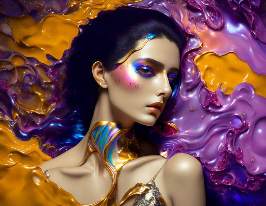 Woman with Vibrant Makeup Immersed in Colorful Metallic Paint