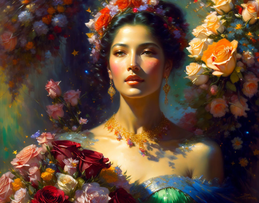 Serene woman in elegant attire surrounded by luminous flowers