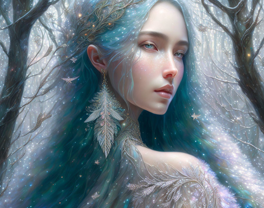 Blue-haired woman in starry night forest scene with silver leaf earring