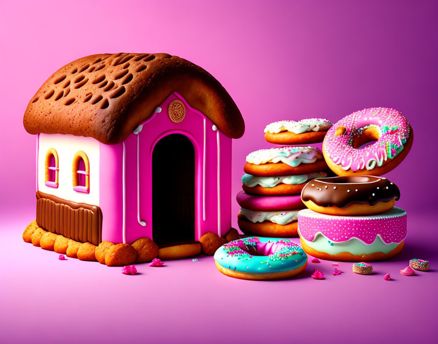 Colorful Gingerbread-style House & Doughnuts on Pink Background