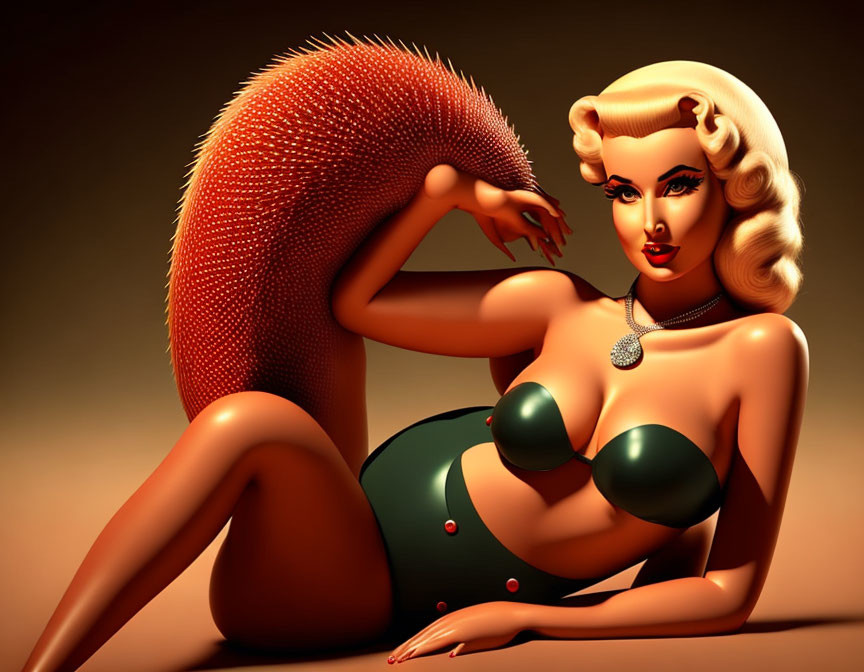 Vintage Pin-Up Style Woman with Oversized Hedgehog in Warm-Toned Artwork