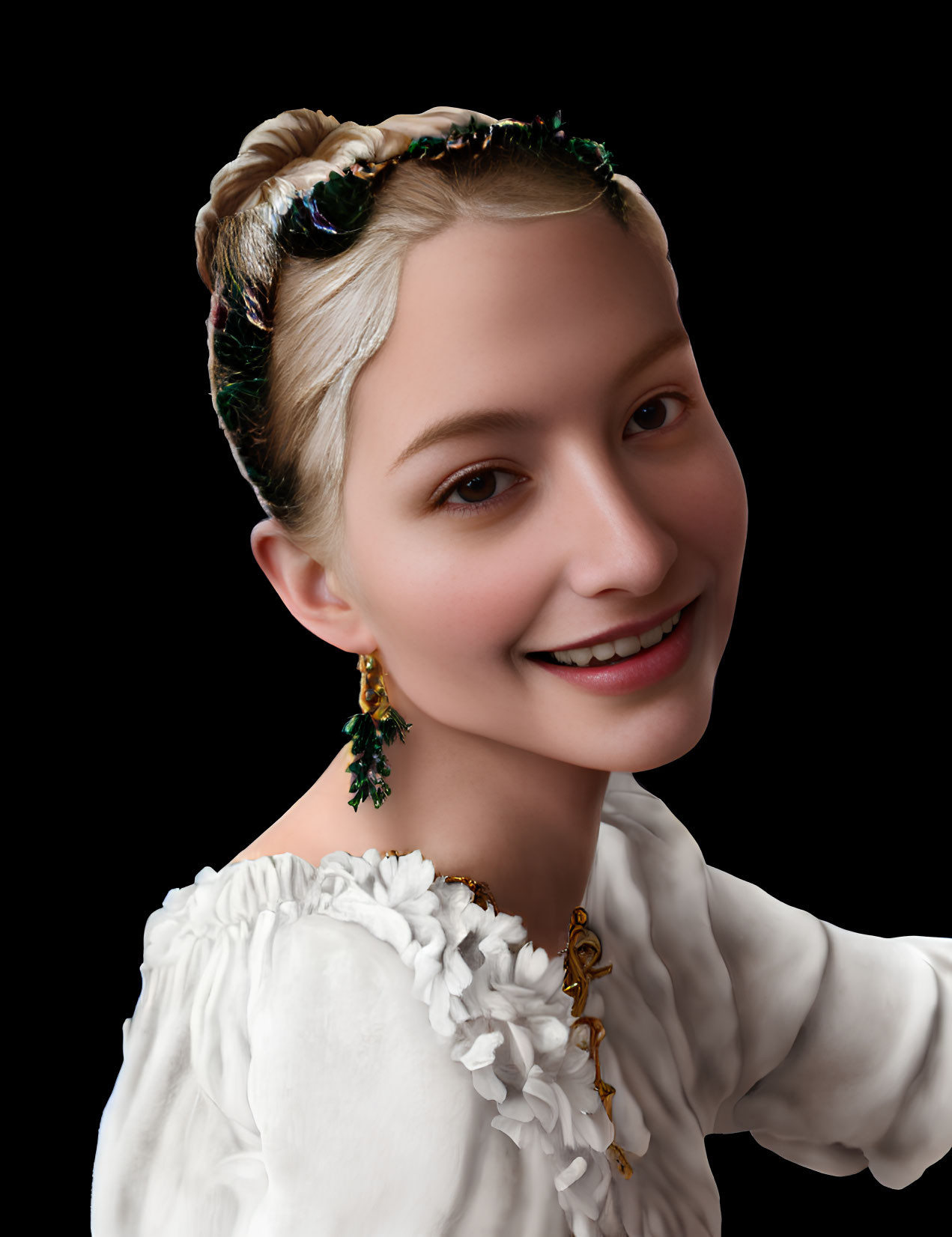 Smiling young woman with braided hair and greenery, white blouse