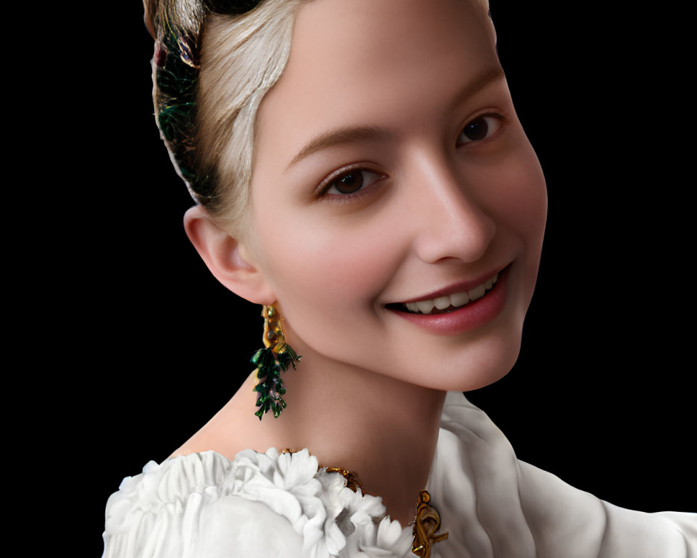 Smiling young woman with braided hair and greenery, white blouse