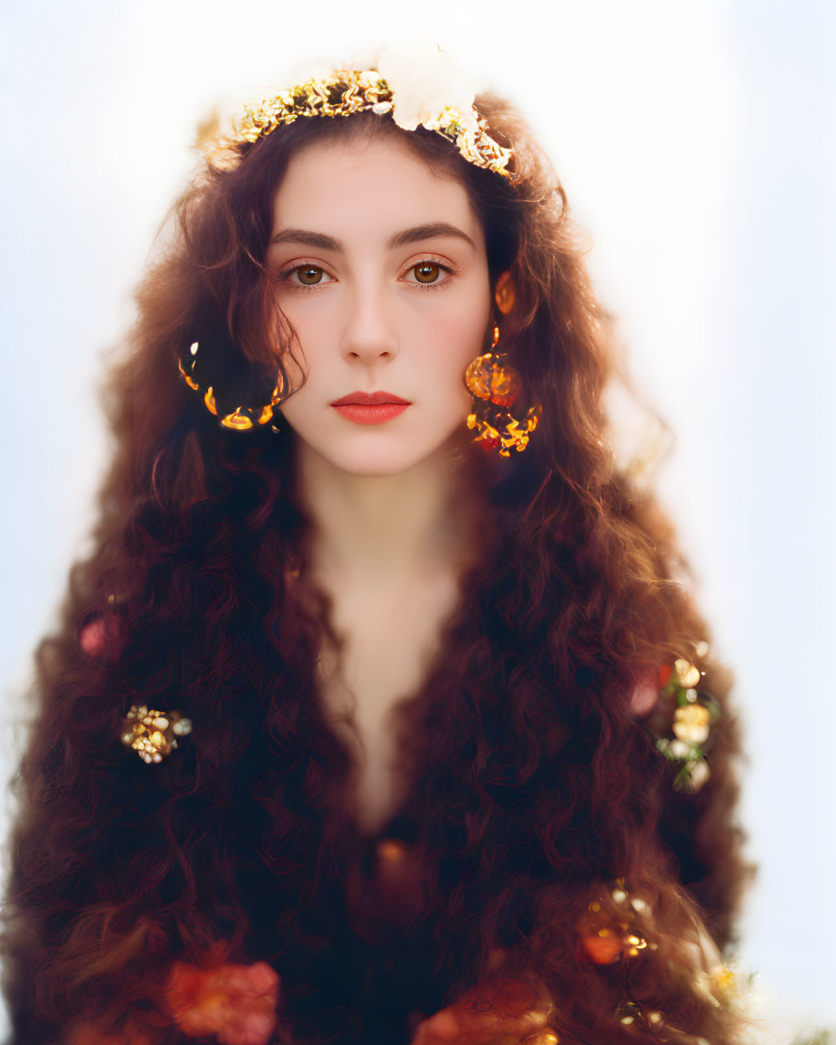 Woman with curly long hair wearing golden floral crown and earrings in soft, ethereal glow