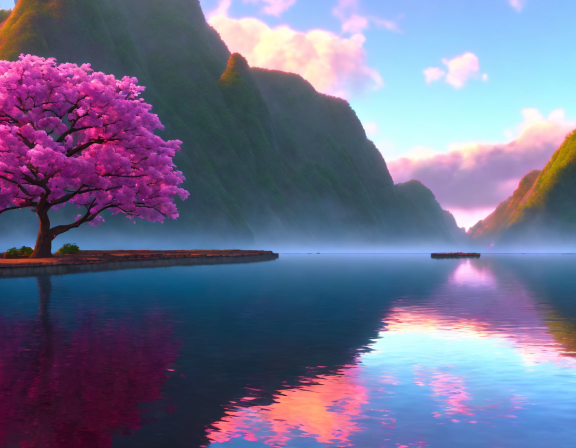 Tranquil lake scene with pink cherry blossom tree on jetty under sunset sky