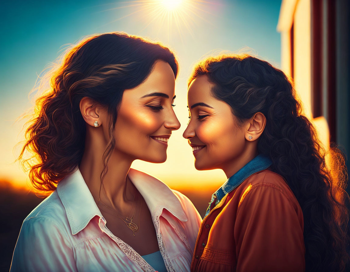 Two women smiling and touching foreheads at sunset.