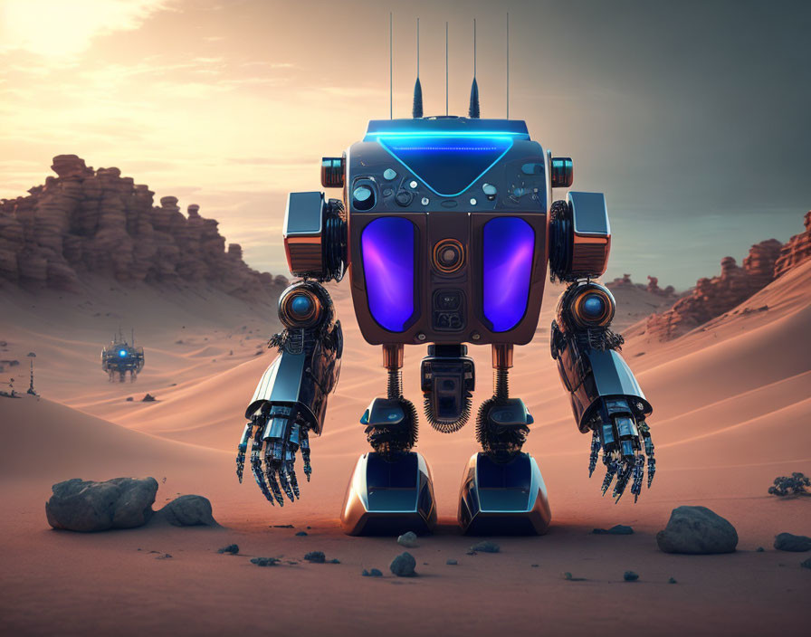 Blue and Orange Robot with Clawed Arms in Desert Landscape