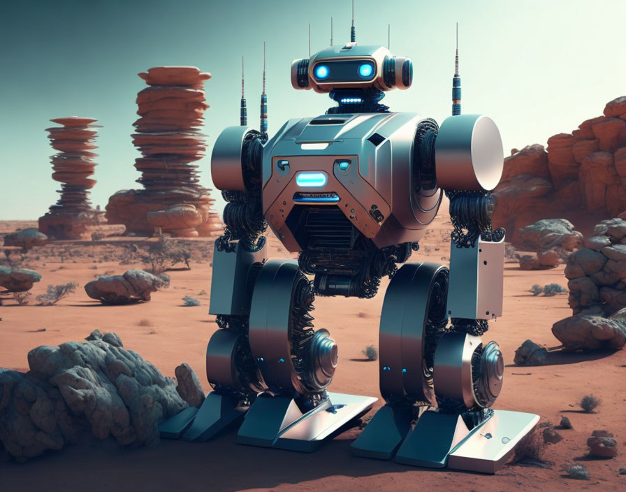 Futuristic humanoid robot on rocky desert landscape