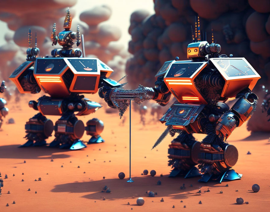 Hexagonal-patterned robots in orange desert with spherical objects