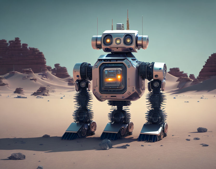 Square-bodied robot with round head on desert terrain.