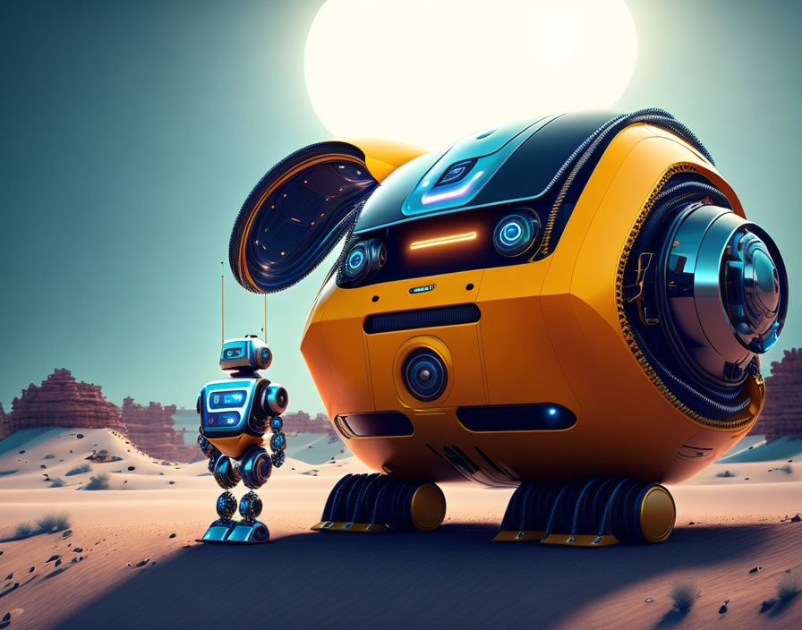 Futuristic humanoid and wheeled robots in desert landscape