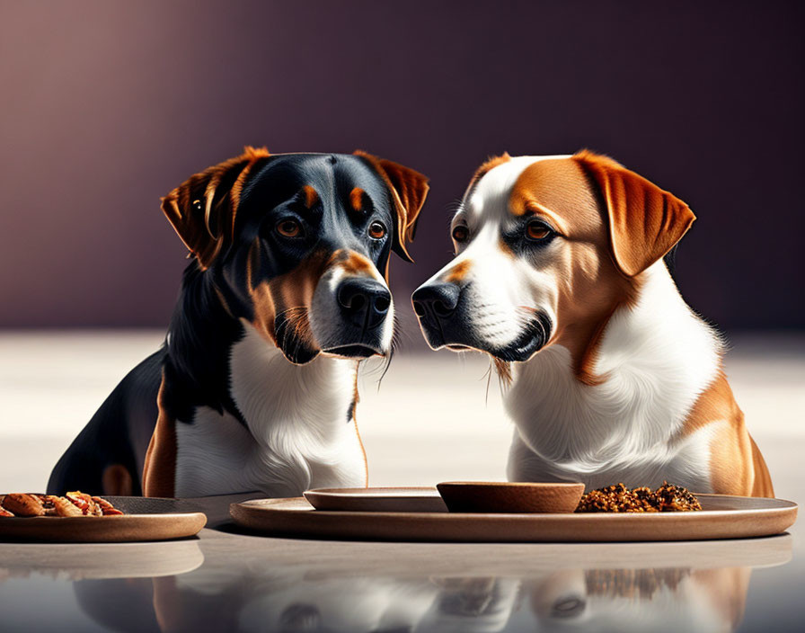 Two dogs at a table with spaghetti strand reminiscent of classic film