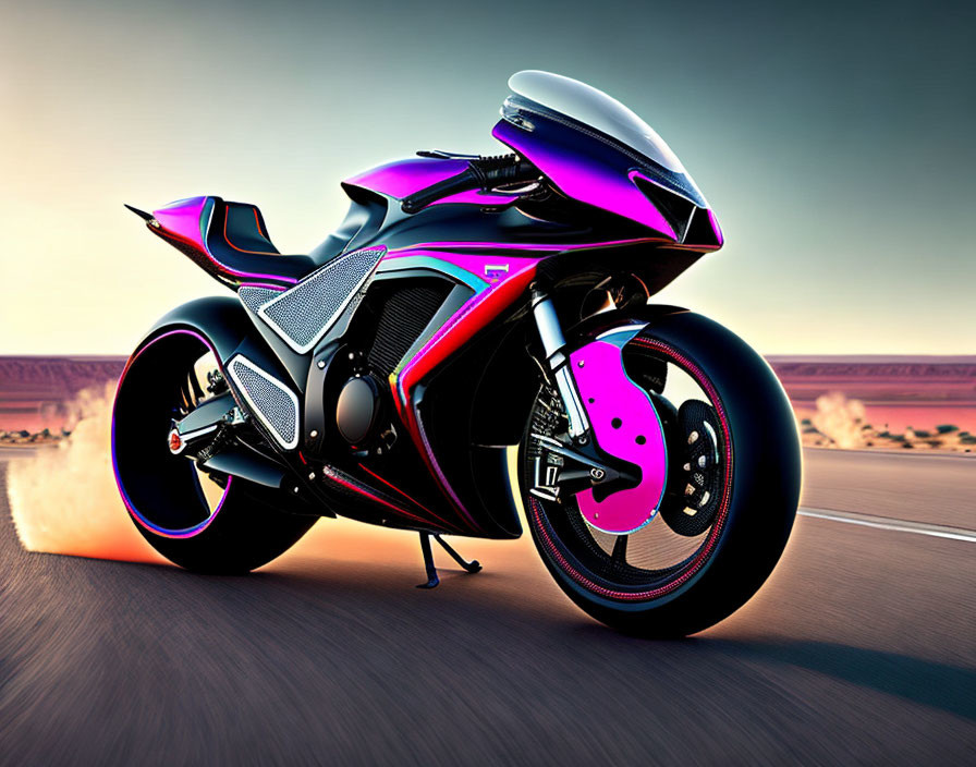 Futuristic Black and Pink Motorcycle Speeding on Highway at Dusk