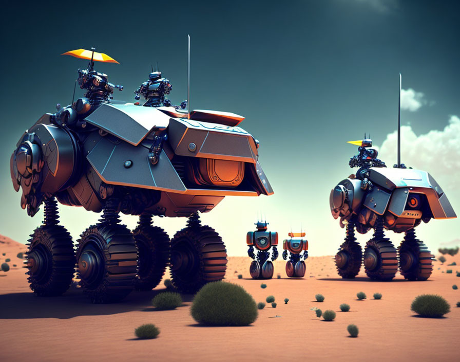 Futuristic robotic vehicles with six wheels in desert landscape