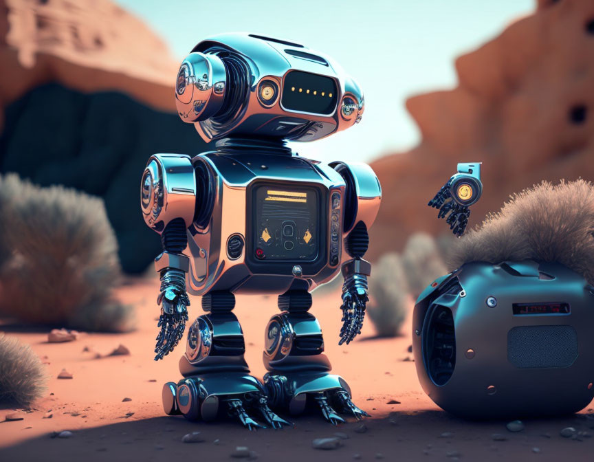 Advanced Robot with Digital Displays on Desert Terrain