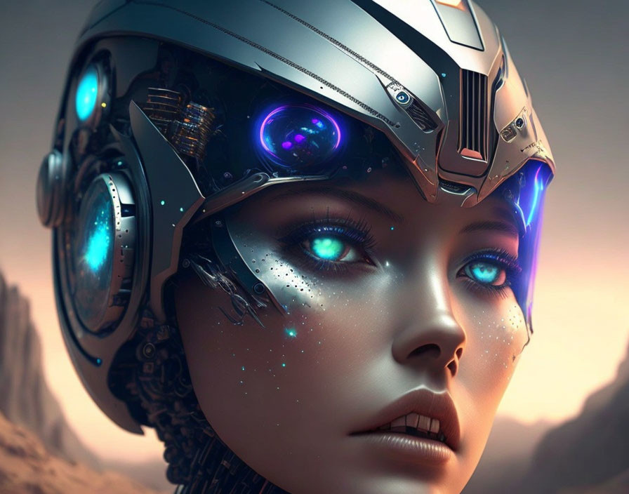 Close-Up of Person with Luminous Blue Eyes in Futuristic Helmet