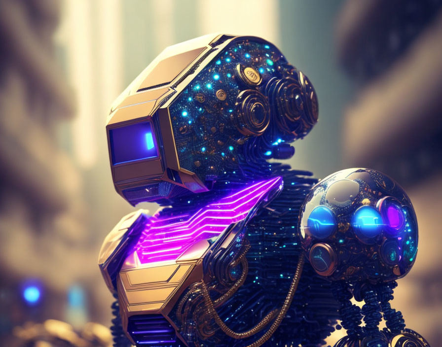 Detailed Futuristic Robot Design with Glossy Segmented Head and Glowing Blue Elements