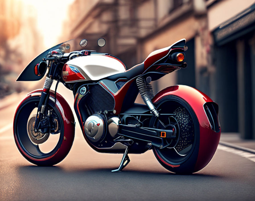 Sleek Red and White Futuristic Motorcycle on Urban Street