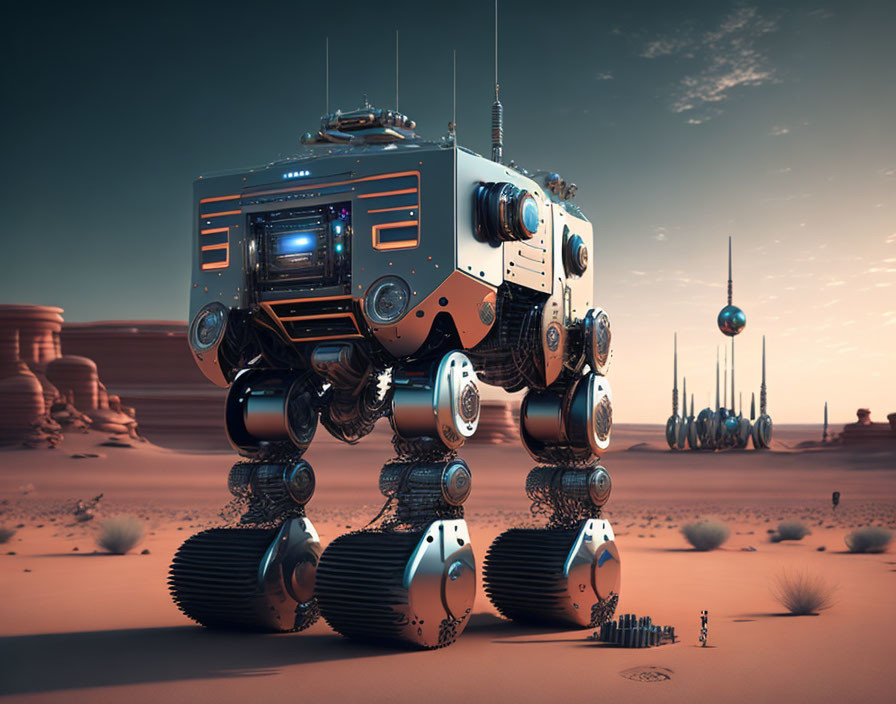 Futuristic robot on tank treads in desert with rock formations