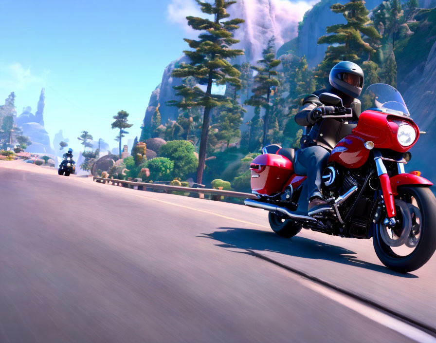 Scenic road with two motorcyclists in lush greenery