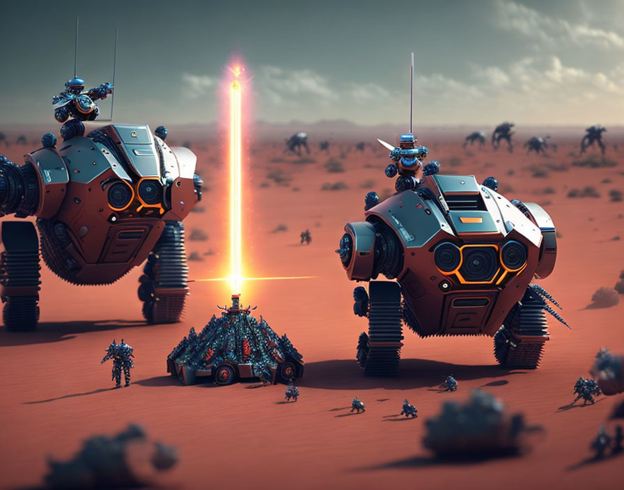 Two large futuristic robots in barren desert landscape with energy beam.