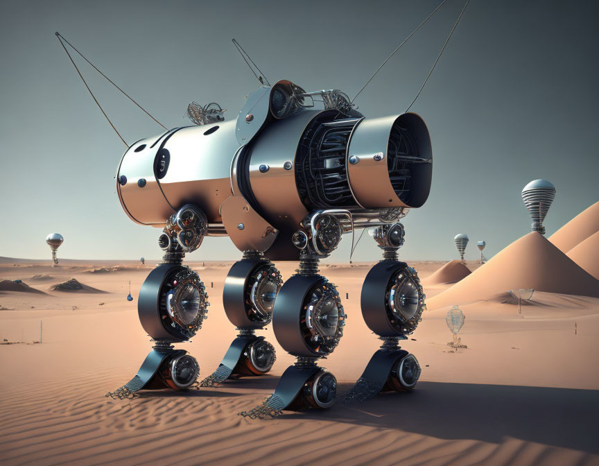 Futuristic rover with spherical wheels explores desert landscape