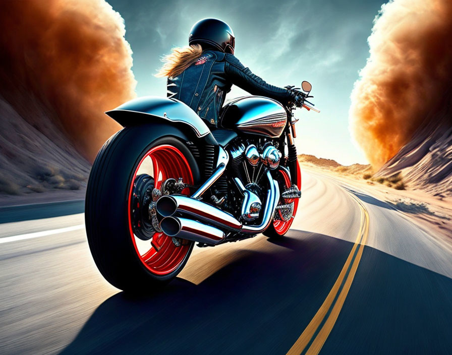 Motorcyclist in black helmet speeds on curving road with explosions.