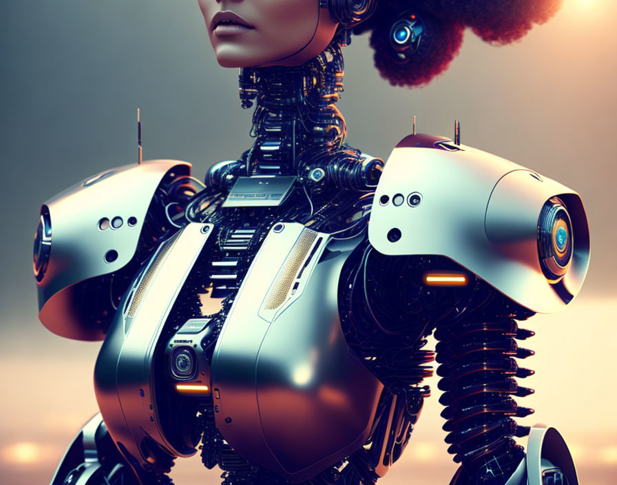 Futuristic robot with human-like structure and metallic skin in warm-toned setting