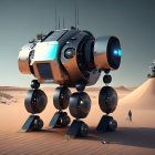 Futuristic rover with spherical wheels explores desert landscape