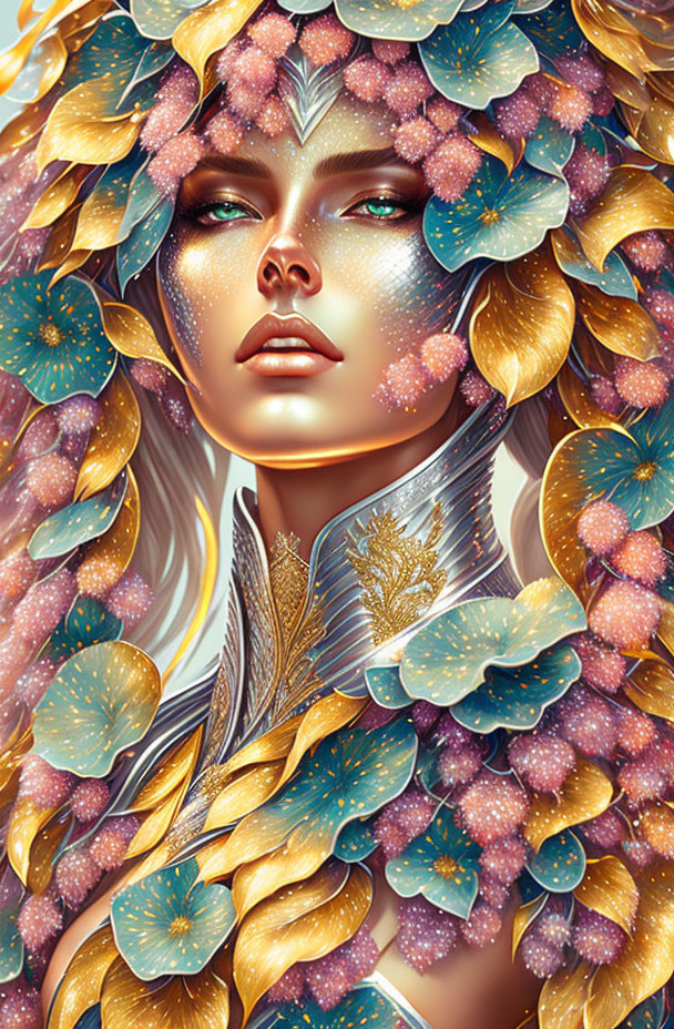 Fantasy illustration of a woman with golden braids, leaf crown, and celestial armor.