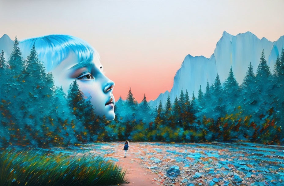 Surreal landscape with giant blue woman's face, forest, rocky path, and mountains under orange