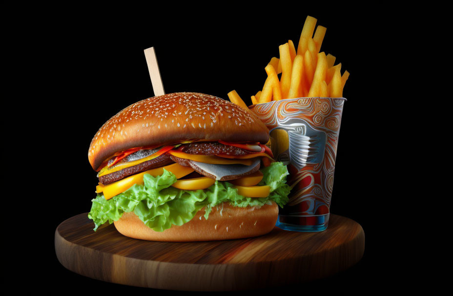 Cheeseburger with lettuce, cheese, patties, fries on wooden board.