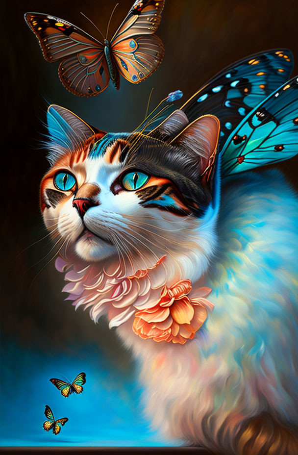 Whimsical cat illustration with vibrant colors and floral motifs