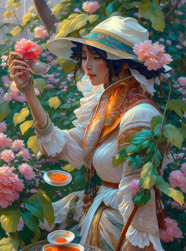 Woman in White Hat Holding Red Flower Surrounded by Vibrant Garden