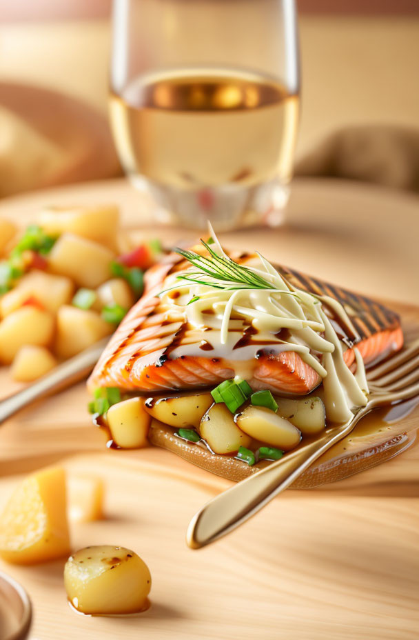 Grilled Salmon with Creamy Sauce, Herbs, Potatoes, and White Wine on Wooden Table