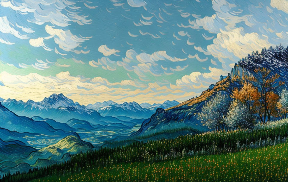 Colorful mountain landscape painting with cloudy sky and blue, green, and yellow hues