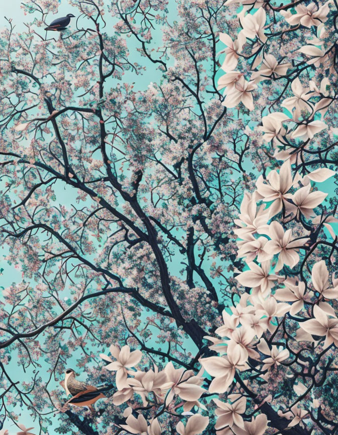 Colorful tree with white and pink blossoms under teal sky and bird in flight