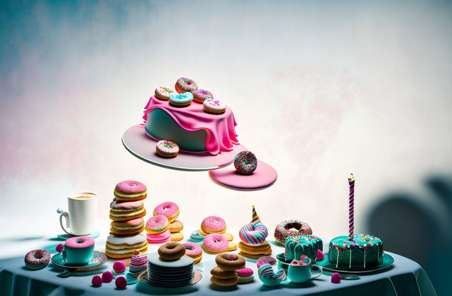 Colorful Desserts Display with Donuts, Cake, and Floating Elements