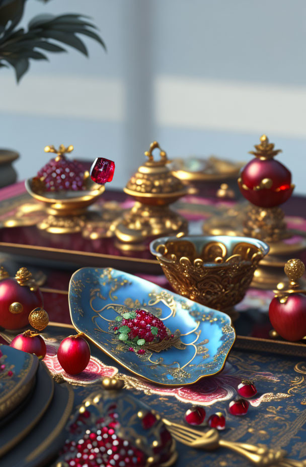 Luxurious table setting with golden dishes, red ornaments, and blue floral plate