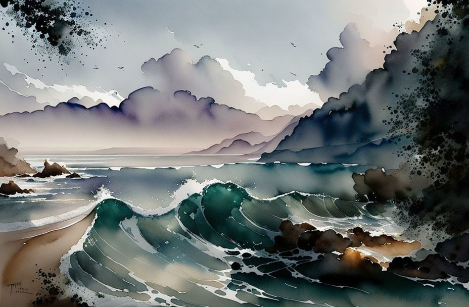 Serene coastal watercolor painting with waves, rocks, mountains, and cloudy sky