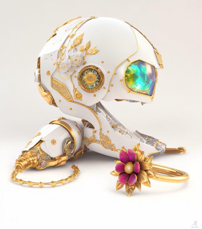 Detailed 3D rendering of white and gold robotic gecko with floral element and advanced technology.