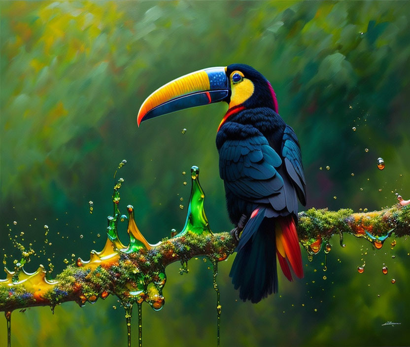 Colorful toucan on branch with green liquid and forest backdrop